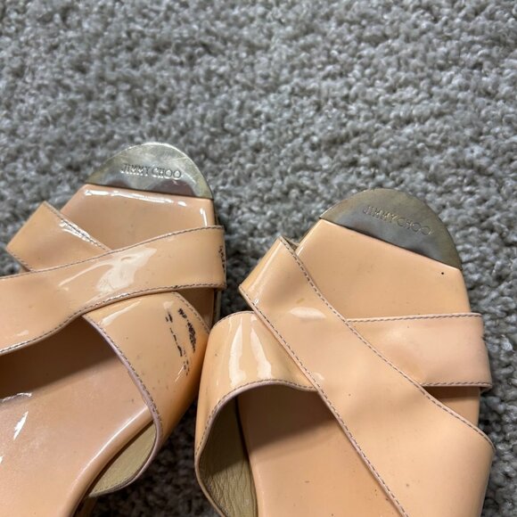 Jimmy Choo Womens 41 Nude Patent Leather Criss-Cross Wedge Slide Sandals - Picture 11 of 11